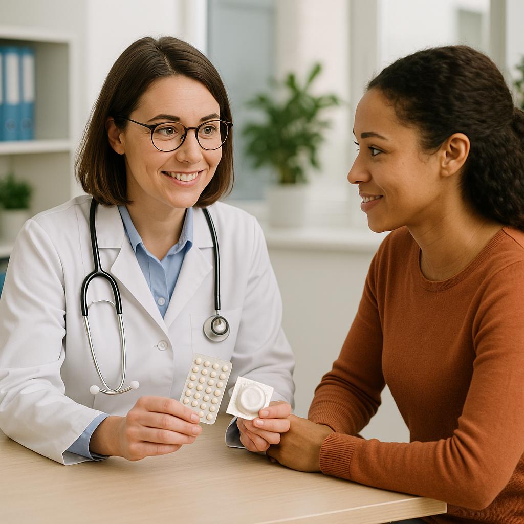 Woman speaking with healthcare professional during contraception consultation in clinical setting