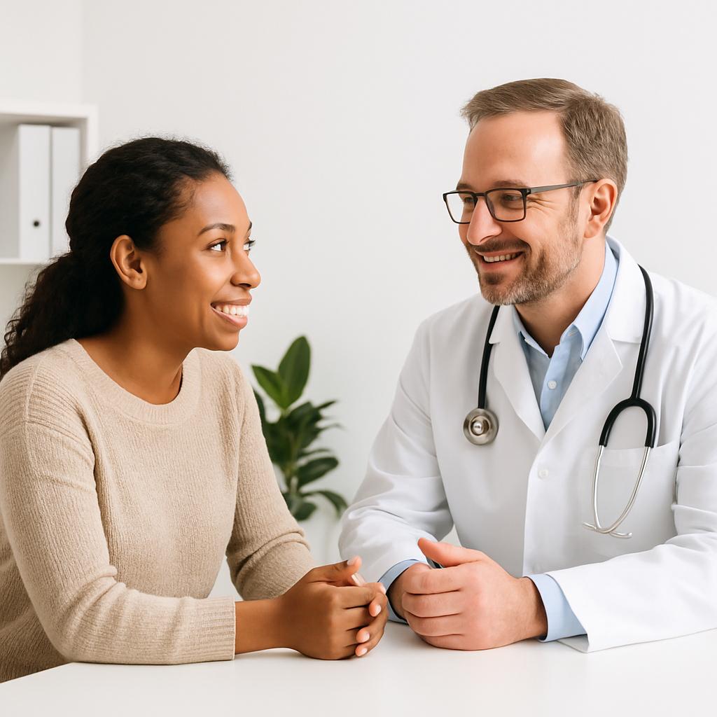 Patient and healthcare professional discussing health information during a consultation session.