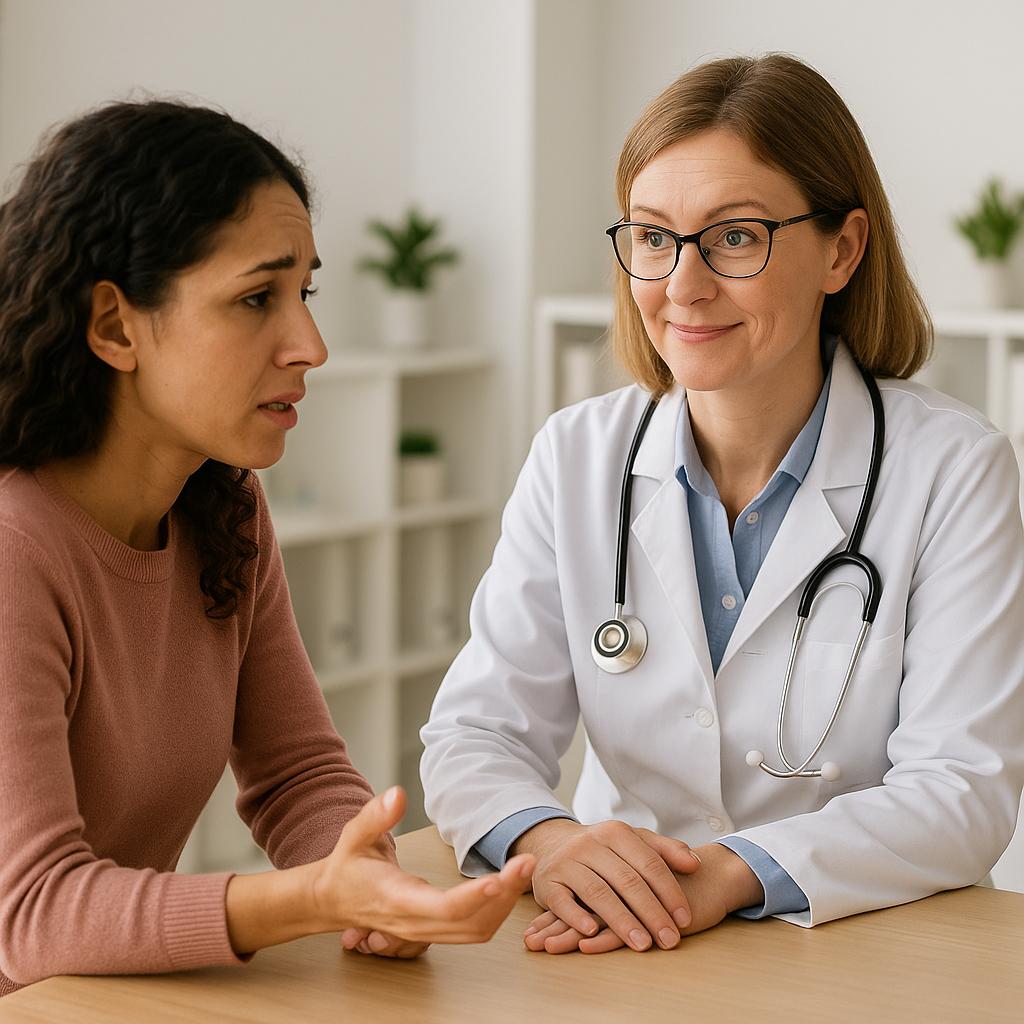 Patient speaking with healthcare professional during confidential genital herpes consultation session.