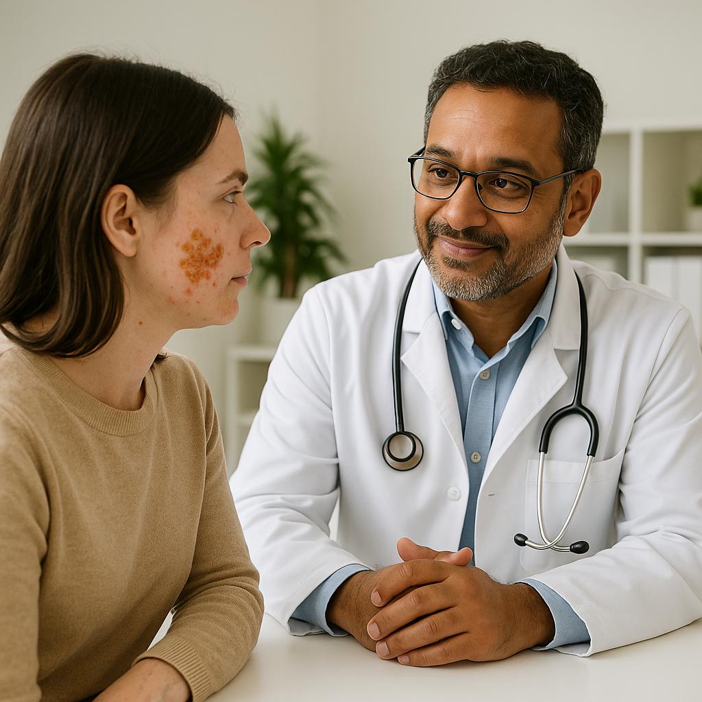 Healthcare professional discussing skin condition with patient in consultation room