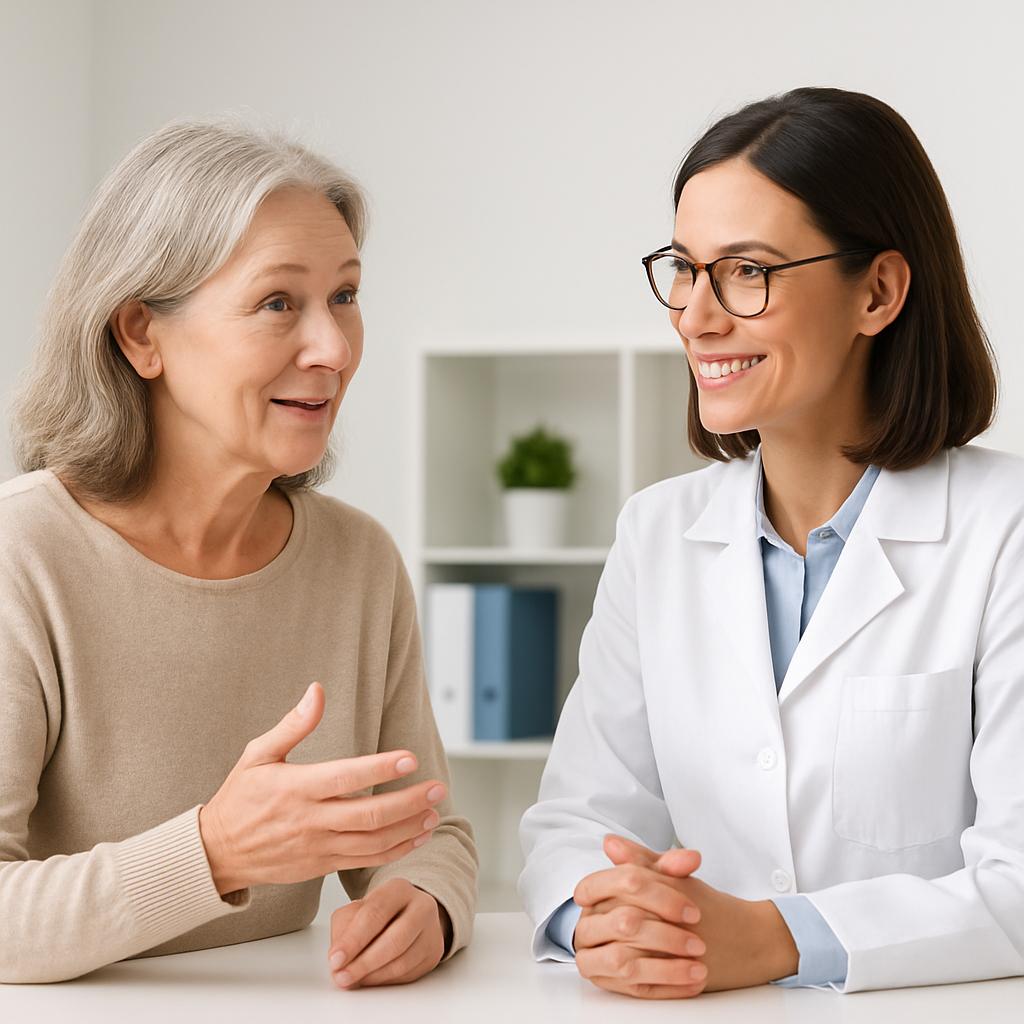 Woman speaking with healthcare professional during menopause consultation in clinical setting.