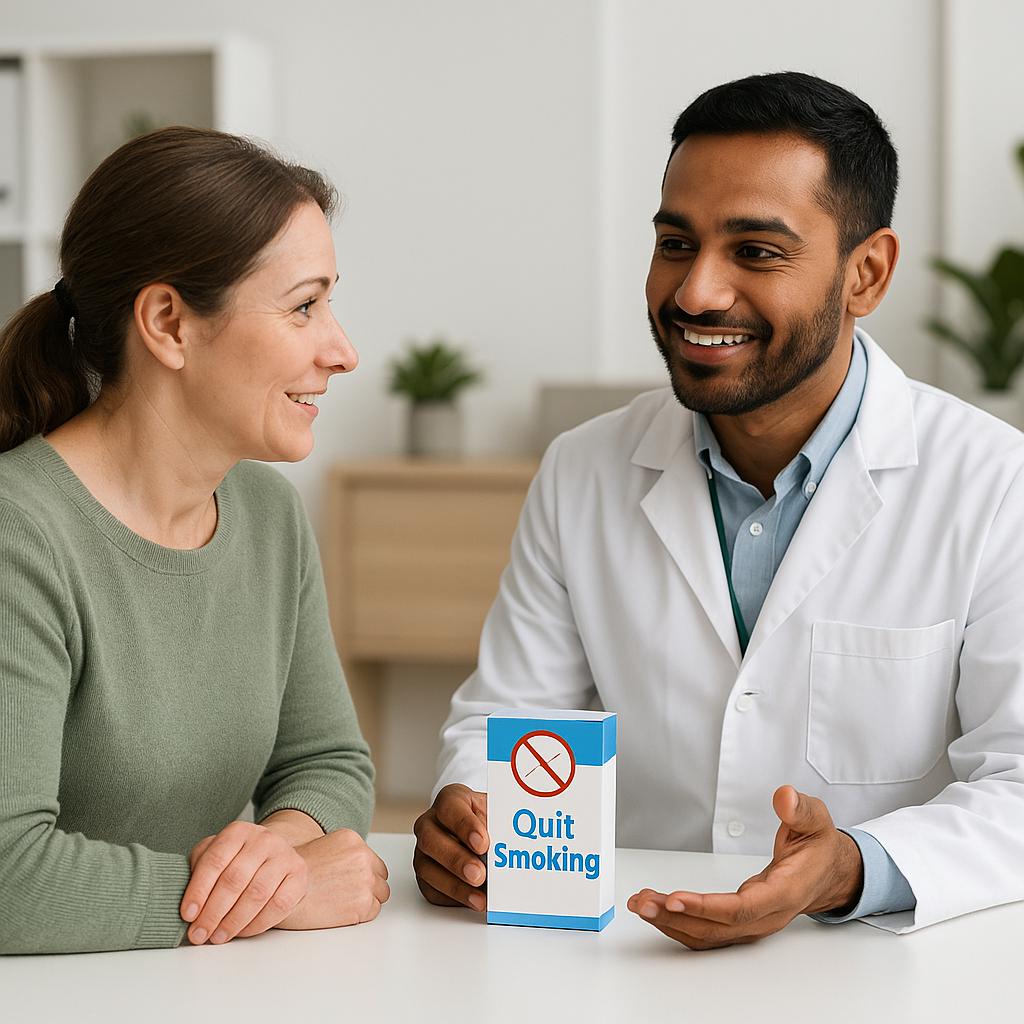 Healthcare professional discussing smoking cessation options with patient in clinic setting.