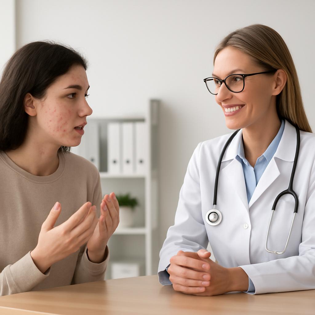 Woman with acne consulting with pharmacist